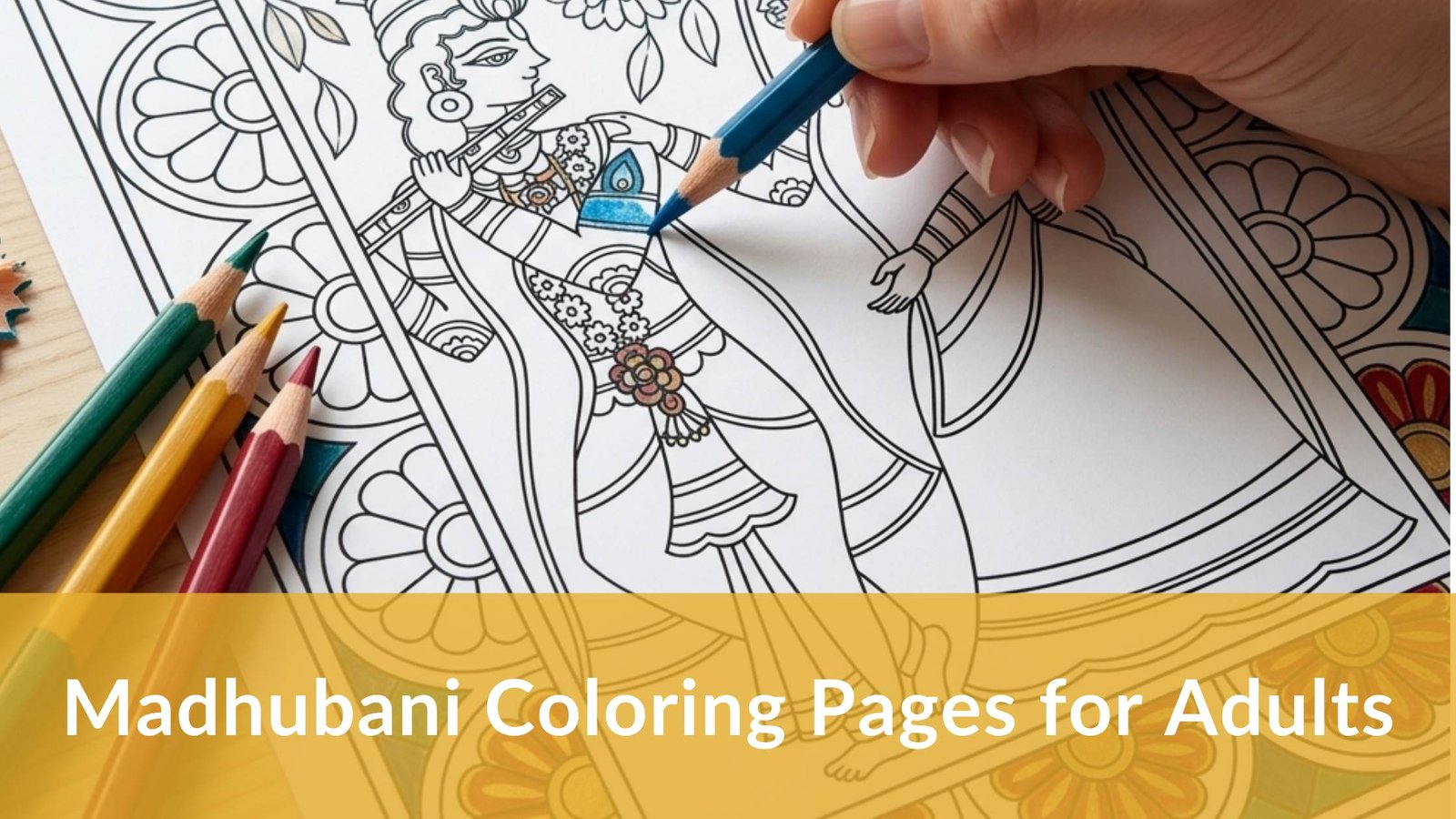madhubani coloring pages for adults featuring radha krishna for mindfulness activity