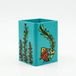 madhubani fish pen holder blue handpainted desk organizer front view