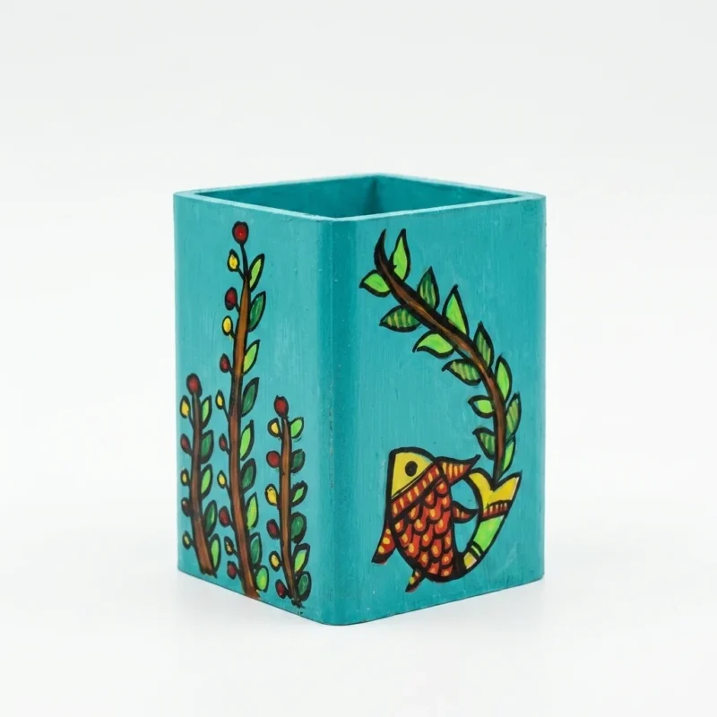 madhubani fish pen holder blue handpainted desk organizer front view