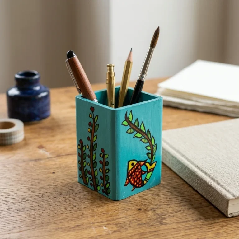 madhubani fish pen holder styled on desk mithila art