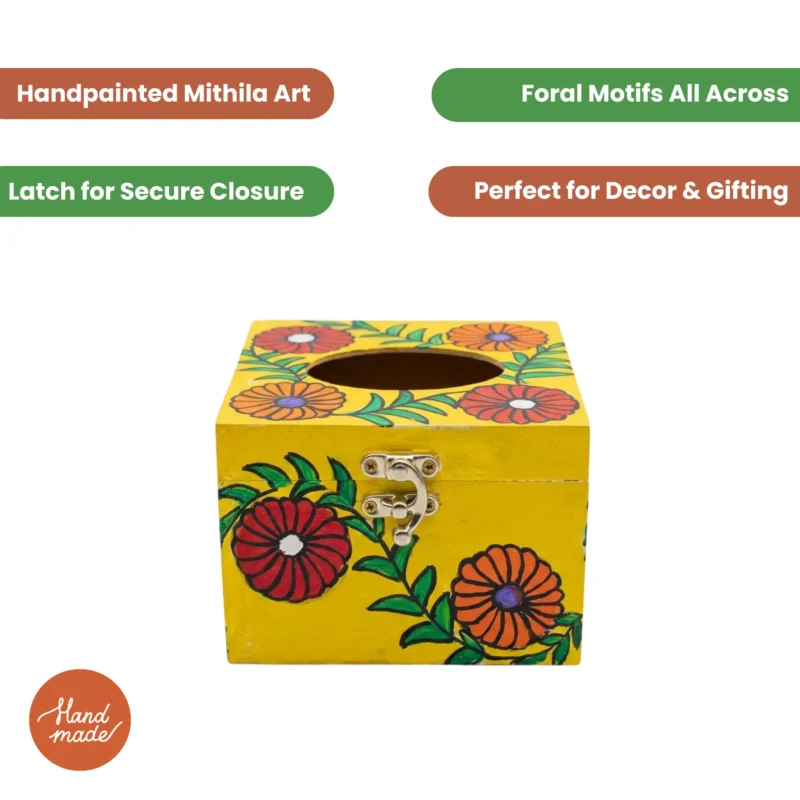 madhubani floral motif tissue box with latch and open lid