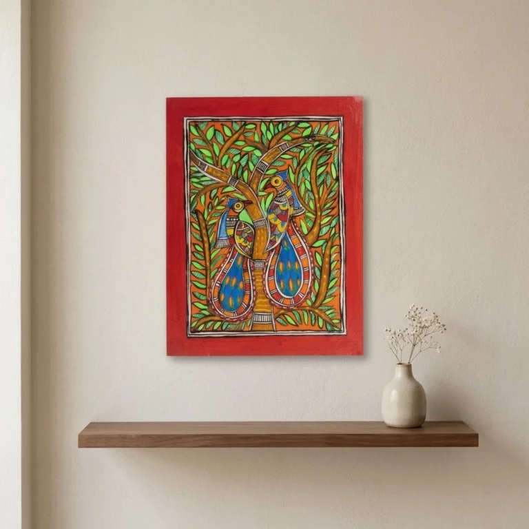 madhubani peacock wall decor styled on living room wall