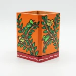 madhubani bird pen holder orange handpainted desk organizer front view