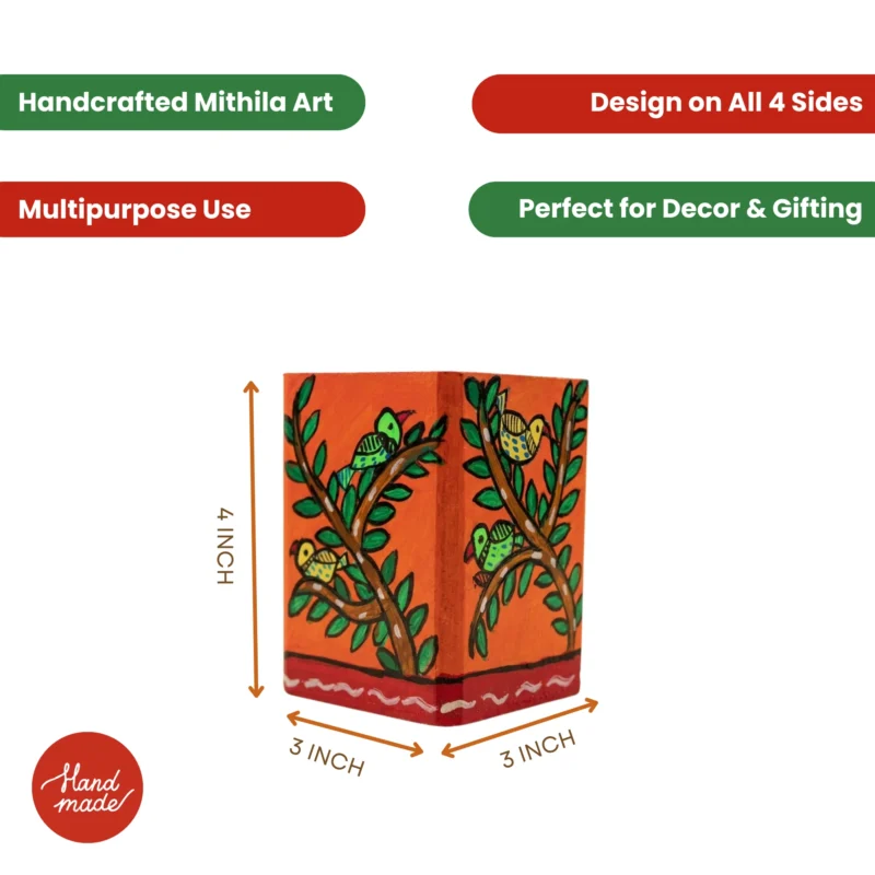 dimensions of madhubani perching bird and branch motifs orange