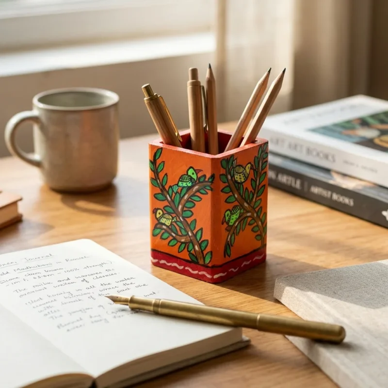 madhubani bird pen holder styled on desk mithila art