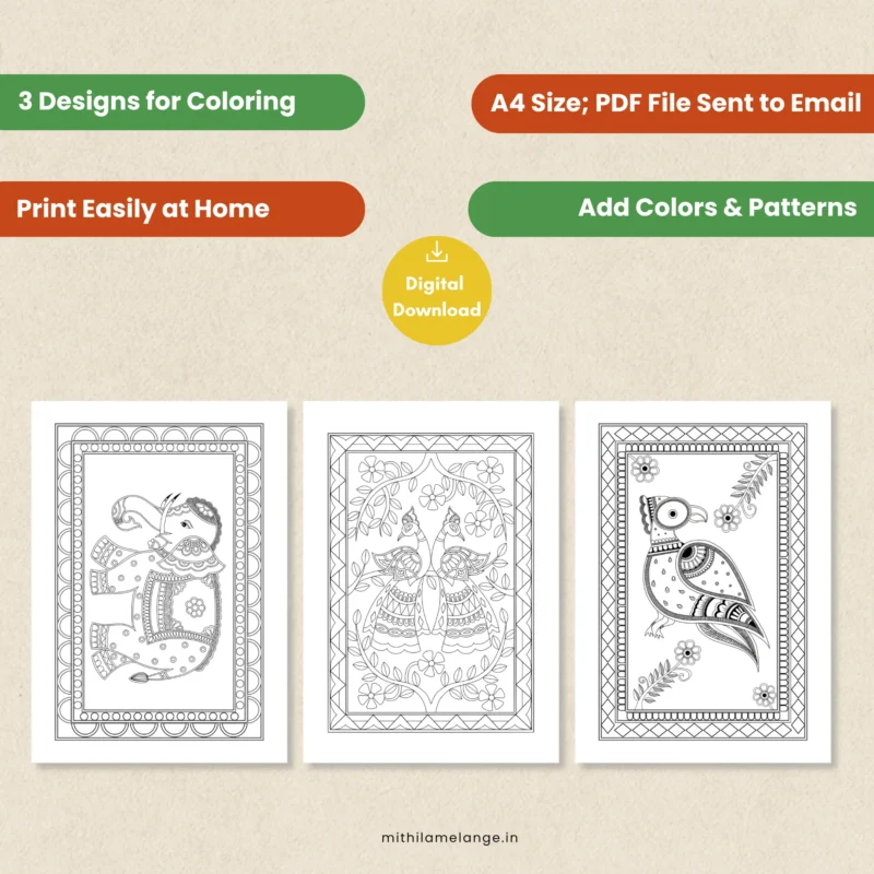 Madhubani animals coloring page set pdf download