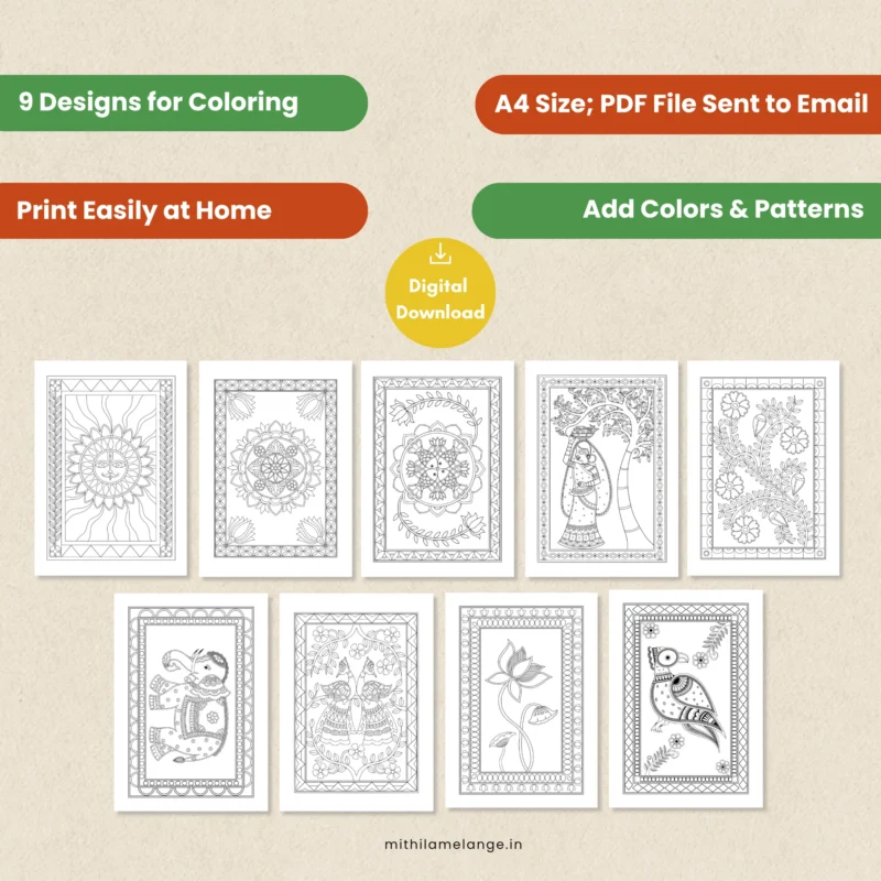 Madhubani coloring pages bundle pdf download set of 9
