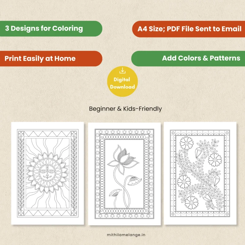 Madhubani nature motifs coloring page set pdf download