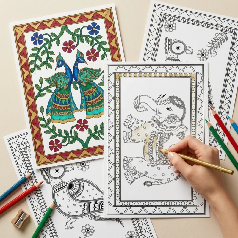 madhubani animals coloring page set being colored