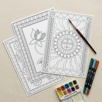 madhubani art nature coloring page set for kids and beginners set of 3