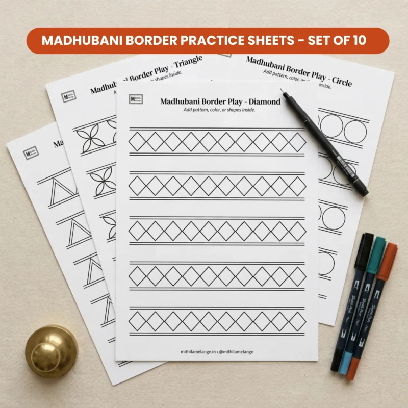 madhubani borders design practice & coloring sheets set of 10
