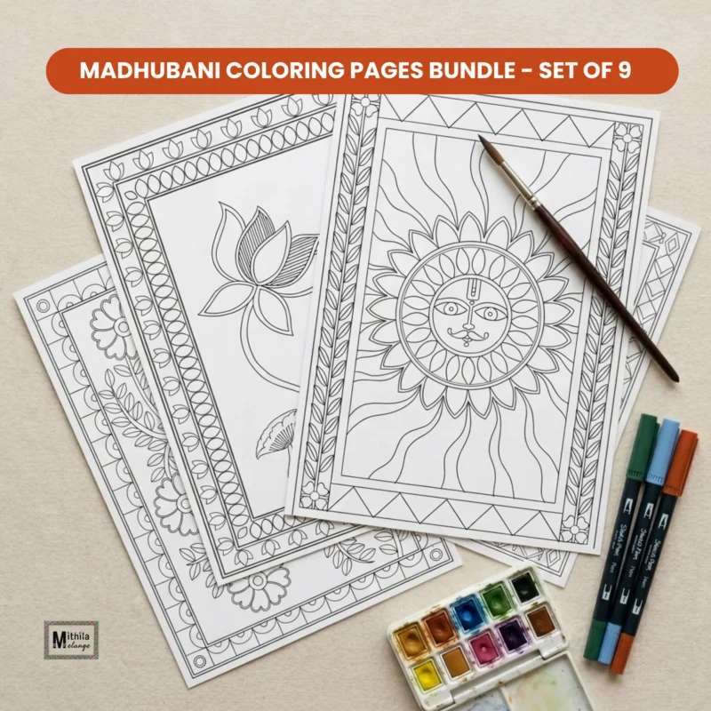 madhubani painting coloring book printable pages bundle set of 9