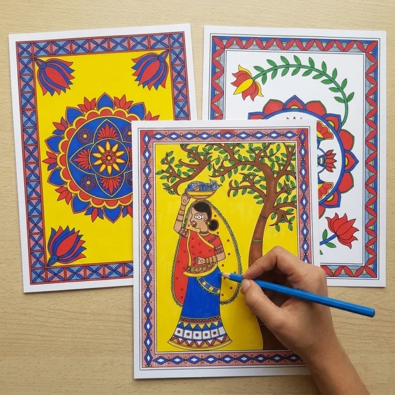 madhubani mandala coloring sheets being colored