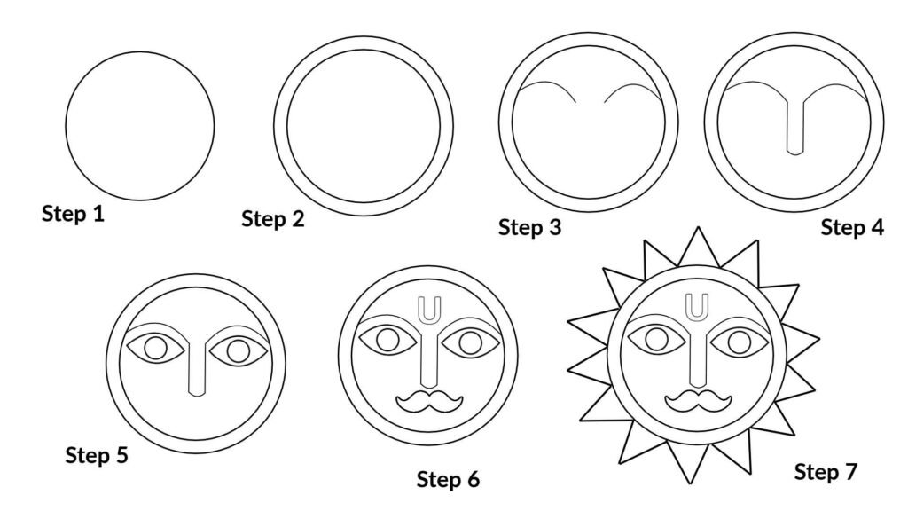 drawing madhubani sun step by step for kids